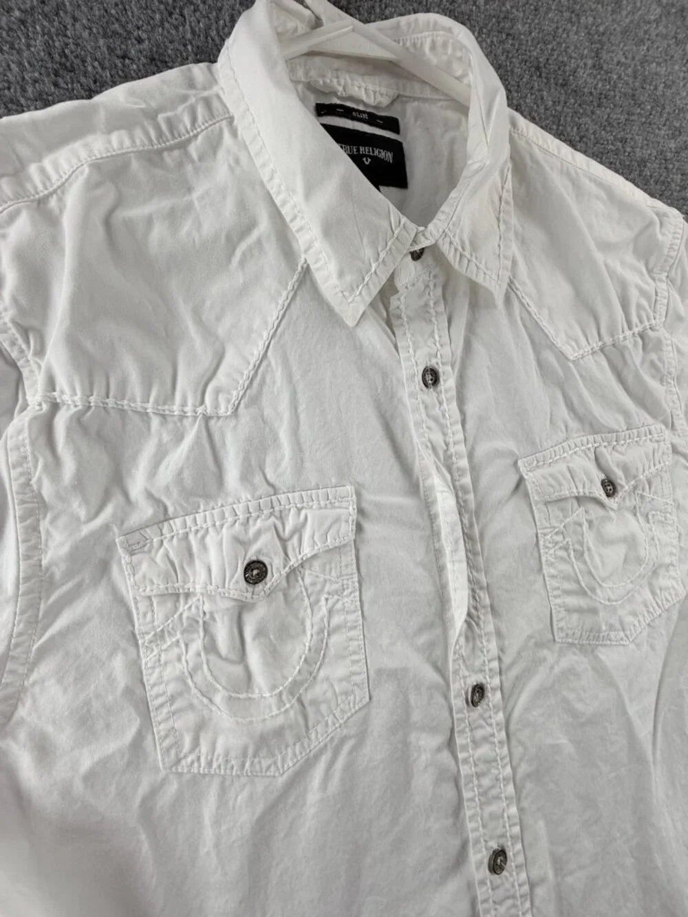 True Religion White Button Up Shirt Men Long Sleeve Large Slim Fit Pockets Urban